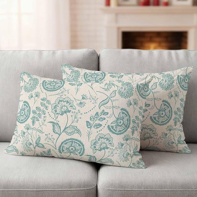 Outdoor Pillow Covers 20x12 Set of 2, Turquoise Spring Floral Waterproof Patio Throw Pillow Covers for Couch Sofa Chair, Farmhouse Retro Summer Botanical Decorative Pillowcases for Throw Pillows