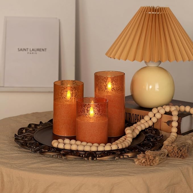 Flameless Candles with Remote, 3D Wick Realistic LED Candles Flickering, Real Wax in Glass Orange Fake Candles for Wedding Party Festival Home Decor Gifts