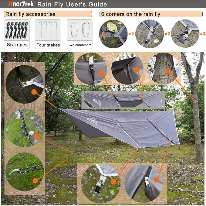 AnorTrek Camping Hammock with Mosquito Net and Rain Fly Tarp, Portable Double Hammock with Two Tree Straps, 230T Nylon Hammock and Waterproof Rain Fly Set for Hiking, Backpacking, Overnight (Blue)