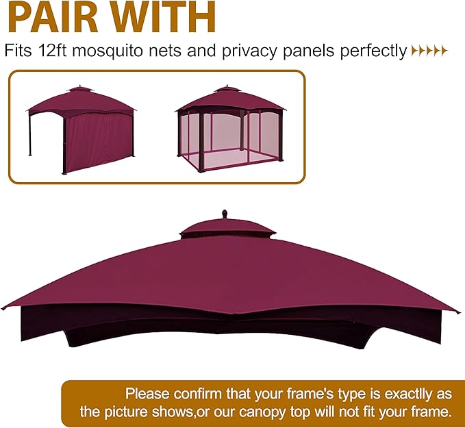 Coastshade Replacement Gazebo Canopy Top for Lowe's Allen Roth Heavy Duty Roof Gazebos Top with Mesh,10x12 Gazebo Cover #GF-12S004B-1, Replacement Top Only (Burgundy)