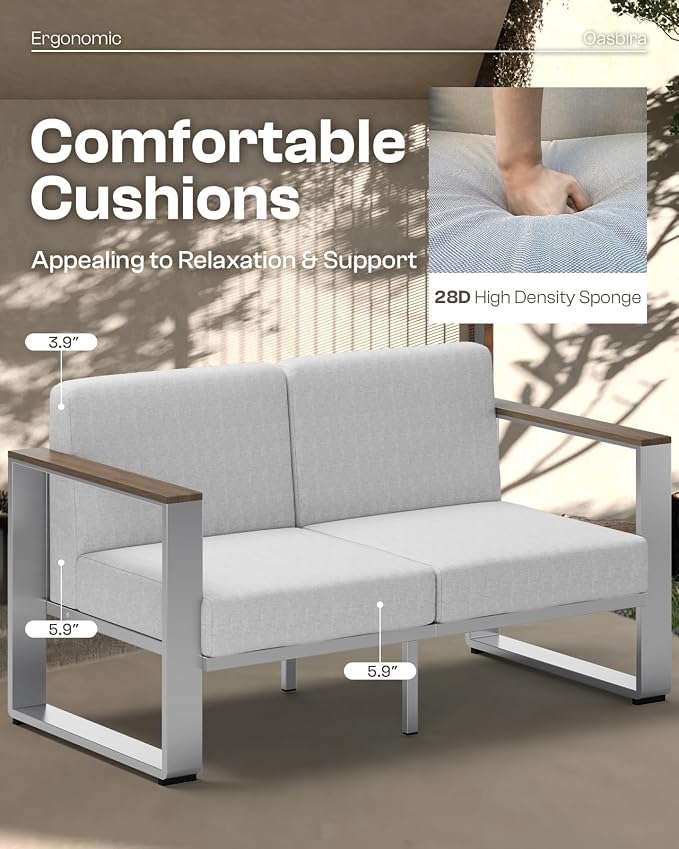 Outdoor Patio Furniture Set, 5 Seats Aluminum Patio Conversation Sets with Ergonomic Seat and Wide Washable Thick Cushions, Modern Outdoor Sectional Furniture for Balcony, Porch