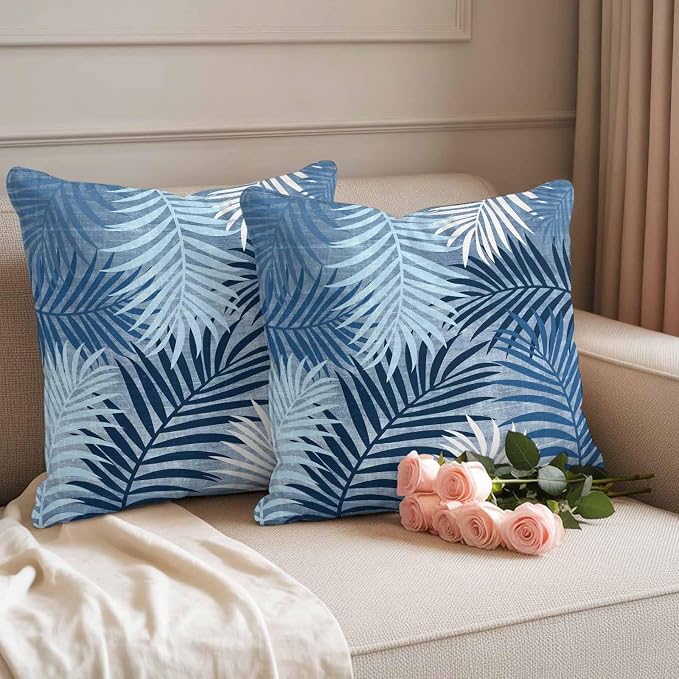 Blue Palm Leaves Waterproof Outdoor Pillow Covers Set of 2 Home Decor, Summer Tropical Leaf Plant Pillowcase Patio Pillow Covers for Couch Bench Patio Furniture Garden 24x24in