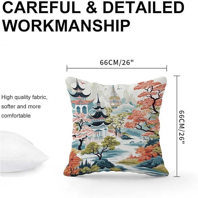Chinoiserie Pagoda White Coral Blue Throw Pillow Covers Chinoiserie Chic Asian Pillowcase 26x26 INRetro Accent Throw Pillow Covers Farmhouse Decorative for Patio Couch Sofa