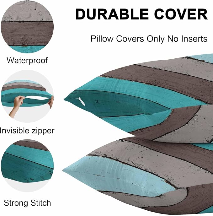 Outdoor Throw Pillow Covers 20X20 Set of 2 Waterproof Ombre Peacock Blue Gray Decorative Zippered Cushion Covers for Patio Furniture, Farmhouse Retro Rustic Barn Wood Texture Lumbar Pillowcases