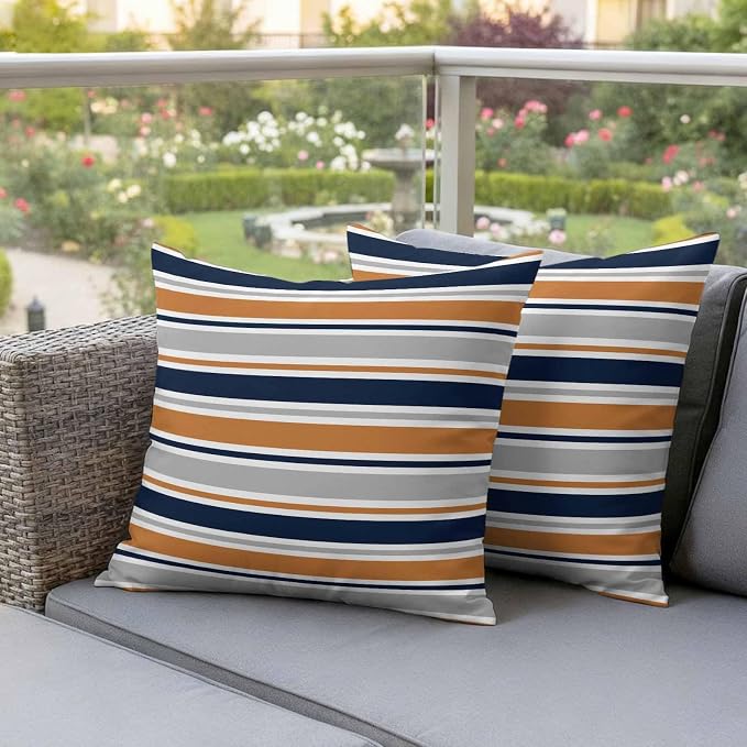 Orange Grey Striped Outdoor Pillow Cover 16x16 Inch Cushion Sham Case, Farmhouse Stripes Modern Abstract Art Waterproof Decorative Square Throw Pillowcase for Outside Garden Patio Porch Couch Chair