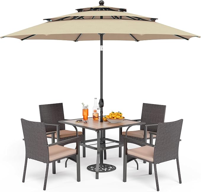 PHI VILLA 5pc Patio Dining Set with Umbrella, Square Table, Rattan Chairs | 37" Wood-like square dining table, cushioned wicker chairs, 10ft beige umbrella. Perfect for patio, deck, yard, porch.