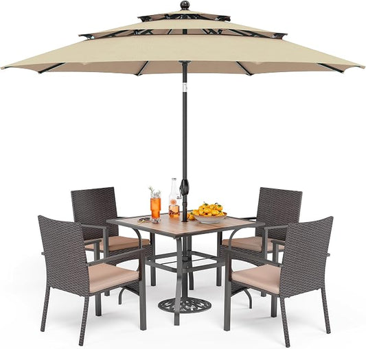 PHI VILLA 5pc Patio Dining Set with Umbrella, Square Table, Rattan Chairs | 37" Wood-like square dining table, cushioned wicker chairs, 10ft beige umbrella. Perfect for patio, deck, yard, porch.