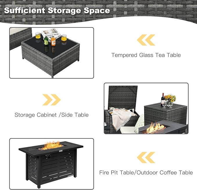 Tangkula 9 Pieces Patio Rattan Furniture Set, Patiojoy Sectional Sofa Set w/Storage Box, Coffee Table, Outdoor Wicker Conversation Set w/ 42” ETL Approved Propane Fire Pit Table (White)