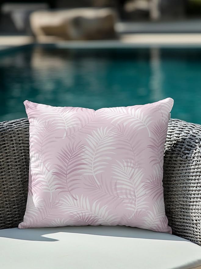 Waterproof Outdoor Pillow 1 Pack Pink Tropical Palm Leaves Decorative Throw Pillows Cover & Insert 16x16 Inch Pillowcase Summer Jungle Foliage Pillows for Couch Sofa Bed Patio Furniture Indoor Outdoor