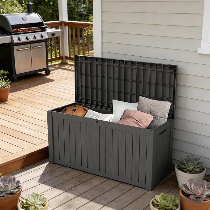 150 Gallon Outdoor Deck Boxes, IP68 Waterproof Outdoor Storage Box with Hydraulic Lid Support, Outside Resin Container for Furniture, Toy, Shoe, Garden & Patio Tools Storage -Black