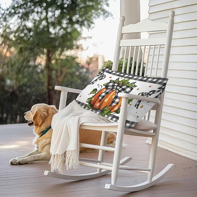 Orange Pumpkins Outdoor Waterproof Pillow Covers, Polka Dot Bow Fall Maple Leaves Plaid Decorative Rectangle Throw Pillowcase Sofa Cushion Sham for Patio/Couch/Chair, 20"x12" 2 Pack