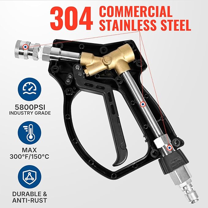 YAMATIC Stainless Steel Pressure Washer Gun 5800 PSI with Swivel 3/8" Plug, High Power Washer Extension Wand Easy Pull Trigger Handle with 1/4" Quick Connect for Foam Cannon Gun Car Wash