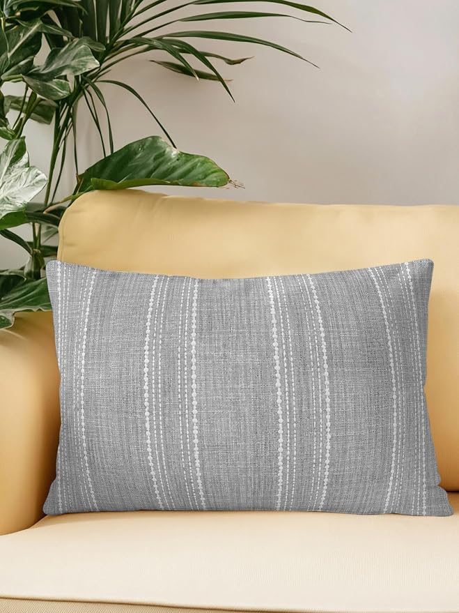 Vandarllin Waterproof Outdoor Pillow 1 Pack Gray Linen Stripes Decorative Throw Pillows Cover & Insert 20x12 Inch Lumbar Pillowcase Parallel Vertical Lines Pillows for Couch Sofa Bed Patio Furniture