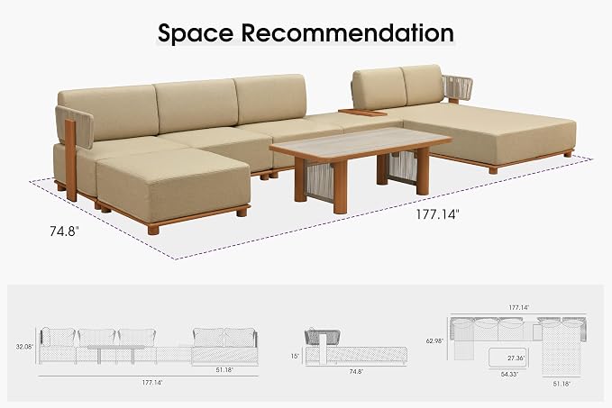 PURPLE LEAF Patio Furniture Set Modular U-Shaped Outdoor Sectional Sofa with 11" Thick Cushion 7-Piece Outdoor Conversation Set w/Daybed & White Lights for Poolside Ottomans & Table Included, Beige