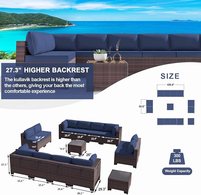 Kullavik 14PCS Outdoor Patio Furniture Set PE Wicker Rattan Sectional Sofa Patio Conversation Sets,Navy Blue