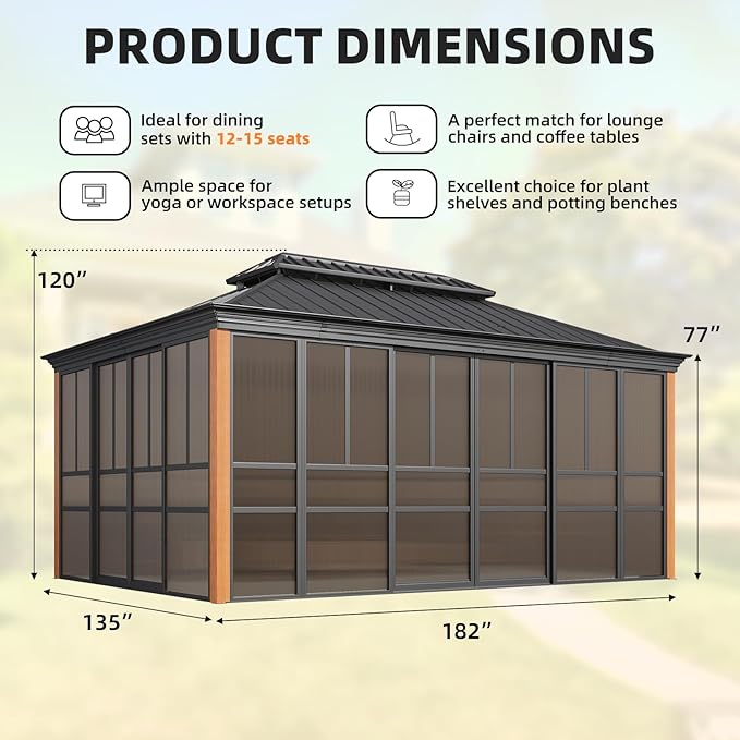 EROMMY 12' X 16' Hardtop Sunroom, Galvanized Steel Double Roof Gazebo Solarium with Wood Grain Aluminum Frame & Detachable Windows, All-Weather Sun Room for Patio Deck Backyard