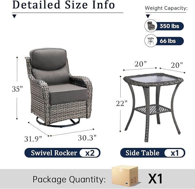 Luxury 7 Piece Wicker Patio Furniture Set with Swivel Rocker and 30“Fire Pit Table - Grey