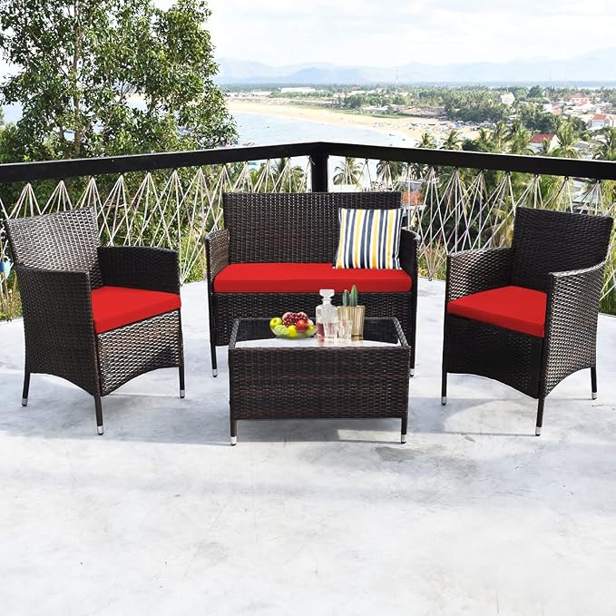4 Pieces Patio Sofa Set, Wicker Conversation Set with Ergonomic Curved Backrest, Patio Rattan Furniture Set with Water-Resistant Cushion & Tempered Glass Table for Balcony, Porch (Red)