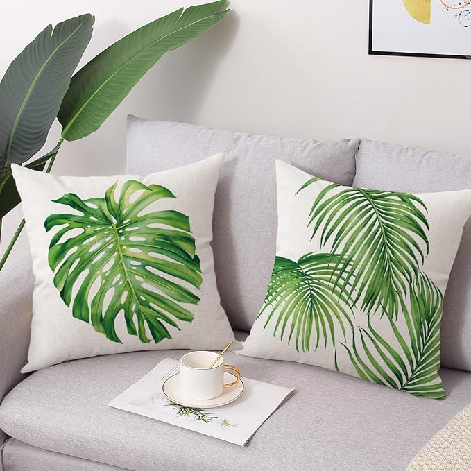 Outdoor Throw Pillow Covers 18x18 Set of 4 Waterproof Summer Tropical Leaves Pillow Covers Palm Monstera Leaf Decorative Cushion Case for Patio Furniture Garden Couch