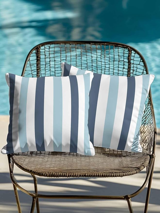 Outdoor Pillows Waterproof, Blue Aqua Striped Bedding Throw Pillows with Insert for Couch Sofa Bed, Farmhouse Stripe Art 16x16 Inch Pillowcases Decorative Camping Patio Pillow Set of 2