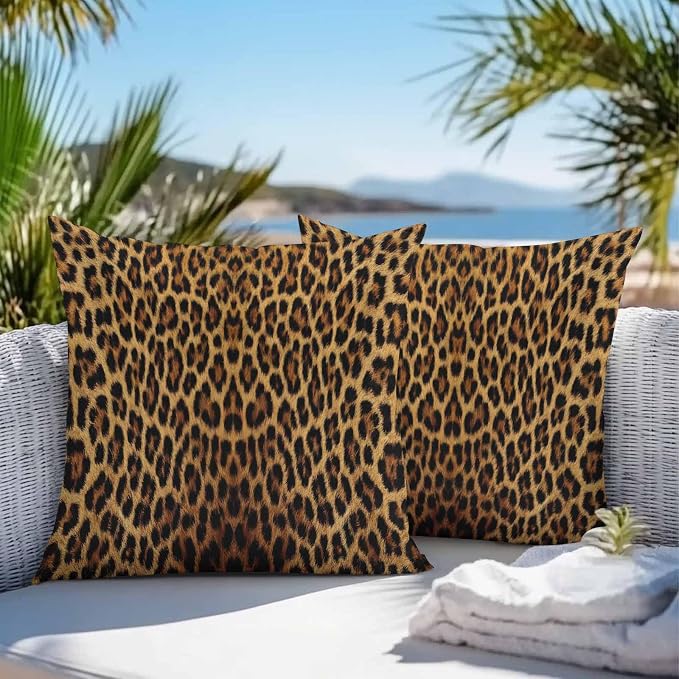 Vandarllin Outdoor Throw Pillows Covers 26x26 inch Set of 2 Waterproof Leopard Print Decorative Zippered Cushion Covers for Patio Furniture, Retro Animal Fur Pattern Lumbar Pillowcases