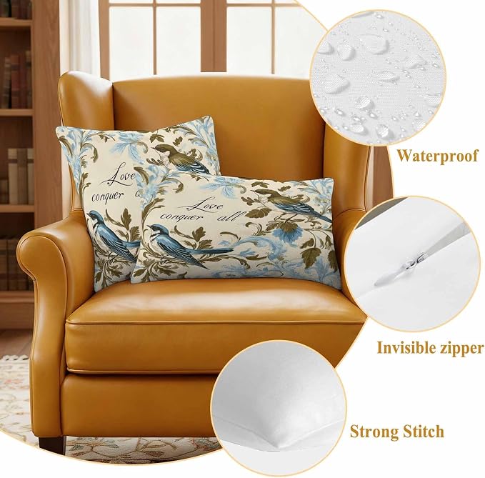 Vintage Bird Flower Outdoor Waterproof Throw Pillow Covers Set of 2, 18"x18", Watercolor Green Blue Floral Decorative Pillow Covers Outside Cushion Case for Patio Porch Garden