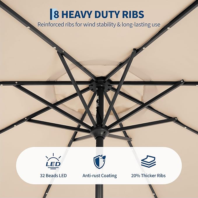 Garvee 10FT Patio Umbrella with 32 Solar LED Lights, Outdoor Table Market Umbrella with Tilt and Crank, 8 Sturdy Iron Ribs Sun Shade for Garden, Deck, Backyard and Pool, Beige