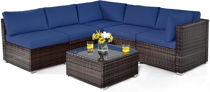 Tangkula 6 Pieces Patio Furniture Set, Outdoor Wicker Conversation Set with Glass Coffee Table, Wicker Sofa Set with Back & Seat Cushions, Rattan Sectional Conversation Set for Backyard Garden