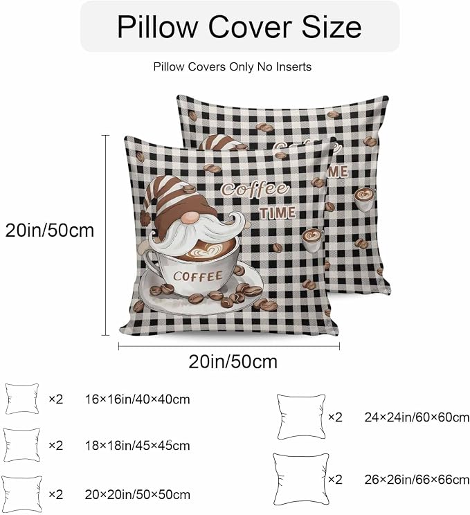 Coffee Gnomes Outdoor Pillow Covers 20x20 Inch Throw Pillow Covers Set of 2 Waterproof Decorative Pillow Cases Farmhouse Brown Bean Plaid Black Grey Cushion Covers for Patio Furniture Garden Couch