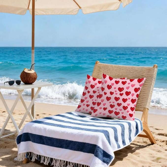 18x18 Inch Outdoor Pillow Covers Set of 2 Waterproof Throw Pillow Covers Decorative Couch Cushion Covers Red Pink Heart Square Pillowcases Protectors for Patio Garden Sofa