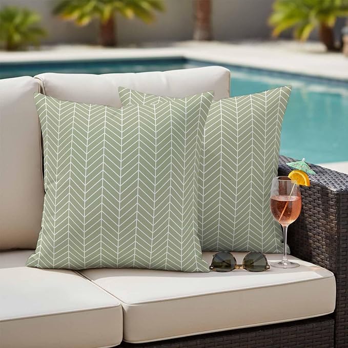 Outdoor Waterproof Throw Pillow Covers Set of 2 Sage Green Chevron Stripes Pillowcases 26x26 Inches Modern Geometric Texture Decorative Pillows Cushion Case Patio Pillows for Couch Bed Chair Garden