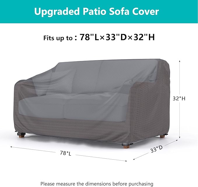Patio Sofa Cover Waterproof - Heavy Duty 3-Seater Outdoor Couch Cover,600D Patio Furniture Covers with Air Vent and Handles, 78"L ×33" D×32" H, Gray