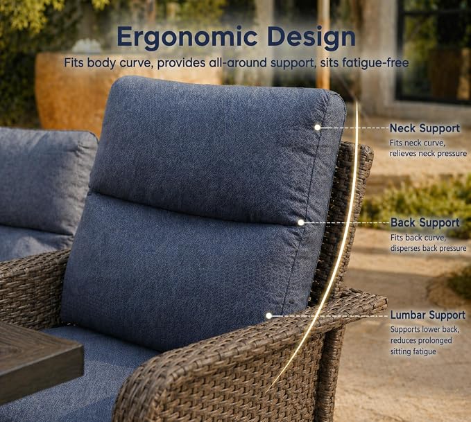 XIAO WEI 6-Piece Outdoor Furniture Set with Fire Pit Table, Wicker Patio Conversation Set with Cushions & Swivel Glide Chairs, All-Weather Patio Furniture Set for Backyard, Garden, Deck (Blue)