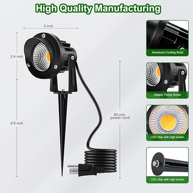 Romwish Outdoor Spotlight 3000K Warm White,12W LED Spot Lights Outdoor for Yard Garden Tree, 120V Plug in Landscape Lighting with IP65 Waterproof for Lawn Decorative, 2Pack