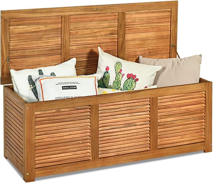 LDAILY Moccha Garden Backyard Storage Bench, Large Acacia Wood Deck Box, Outdoor Storage Container for Patio Furniture Cushions and Gardening Tools