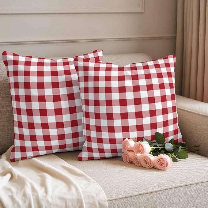 Outdoor Throw Pillow Covers,Red Pink and White Plaid Waterproof Decorative Pillowcases Cushion Cover Pastoral Farm Style Pillow Cases for Patio Couch Sofa Bed,16x16in Set of 2