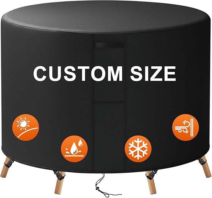 104"(D) x 6"(H) Round Outdoor Furniture Cover, Custom Heavy Duty 420D Waterproof Patio Furniture Cover with Drawstring & Buckles for Table Chair Garden, Black