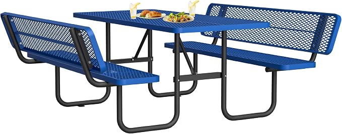 72" Heavy-Duty Iron Mesh Picnic Table Set with Backrest Blue | 1.73'' Umbrella Hole, Commercial-Grade Outdoor Table for Patio, Garden or Park–Rust-Resistant, Heat-Proof, All-Season Use