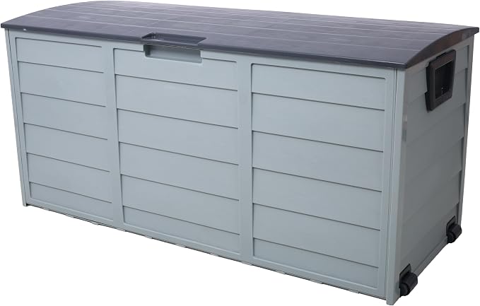 PVWIIK Outdoor Storage Box with Wheels,75 Gallon Mobile Waterproof Resin Deck Box,Lockable Storage for Patio Cushions,Garden Tools,Pool Accessories,UV-Resistant Storage Bench for Backyard & Deck,Gray