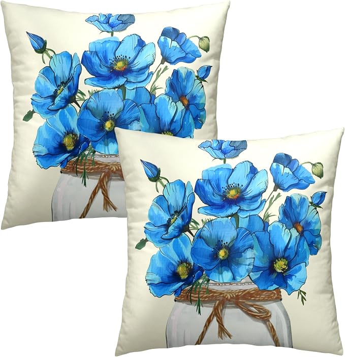 Blue Floral Throw Pillow Covers 22x22 Inch Set of 2, Beautiful Poppy Flowers Decorative Pillowcase Zippered Squre Cushion Cover Farmhouse Decor for Sofa Couch Living Room Outdoor