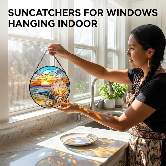 Birthday Gifts for Women - Beach Shell Faux Stained Glass Window Hanging Sun Catcher for Door Garden Acrylic Ocean Decor Mother's Day Christmas for Mom Men Nana Grandma Sisters 9.8"