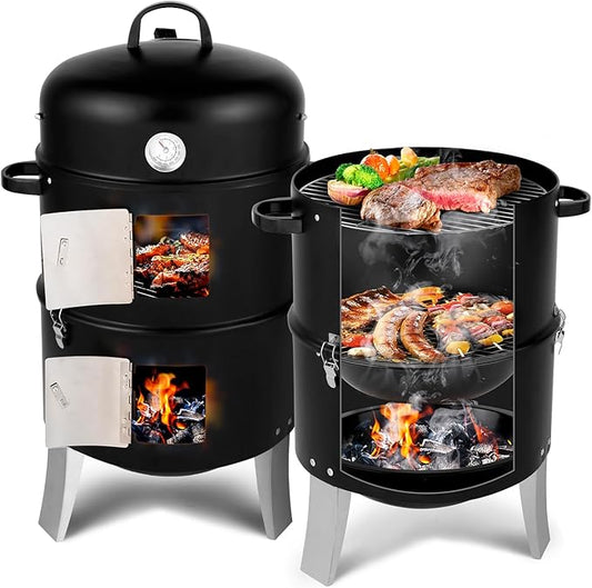 Vertical 18.5" Barbecue Charcoal Smoker, Heavy Duty 3-in-1 Portable Outdoor BBQ Grill Cooker with Built-in Thermometer for Outdoor Backyard Cooking Grilling Camping
