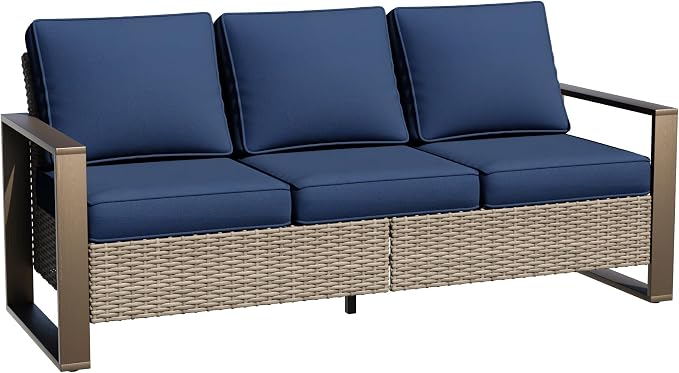 75" Patio Metal Wicker Sofa, All Weather Outdoor Rattan 3-Seat Sofa Couch with Premium Cushions & Rectangular Framed Wood-Looking Metal Armrest for Garden Backyard Porch Deck, Dark Blue