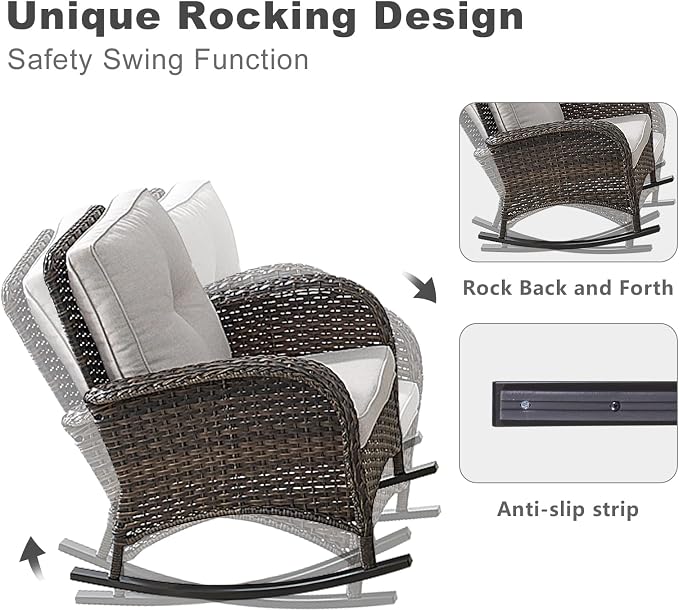 HUMMUH 7-Piece Outdoor Patio Furniture with Fire Pit Set,Wicker Patio Sofa Set Outdoor Rocking Chairs with Ottomans for Backyard,Poolside,Deck