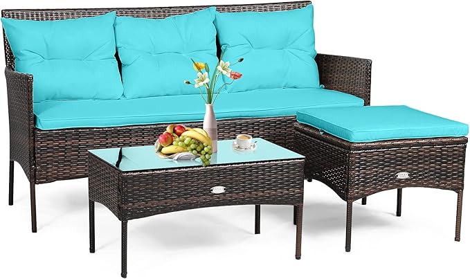RELAX4LIFE 3 Pieces Patio Furniture Sectional Set, Rattan Wicker Conversation Set W/5 Cozy Seat & Back Cushions, Tempered Glass Coffee Table for Poolside, Backyard Outdoor Furniture (Turquoise)