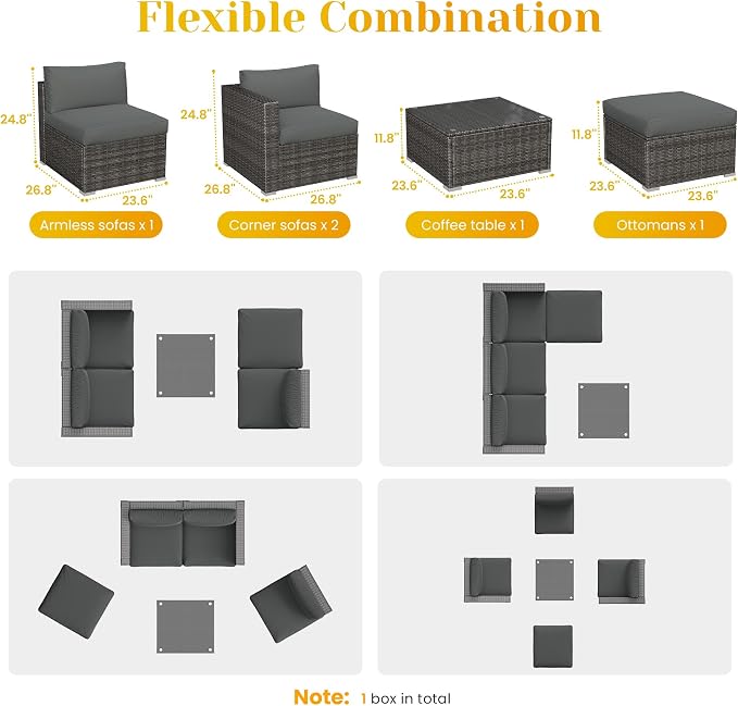 Fansafun Outdoor Patio Furniture Set, 5 Piece Patio Conversation Set, Waterproof Wicker Patio Furniture Set, All Weather Combination Patio Conversation Sets with Cushions and Glass Table, Grey