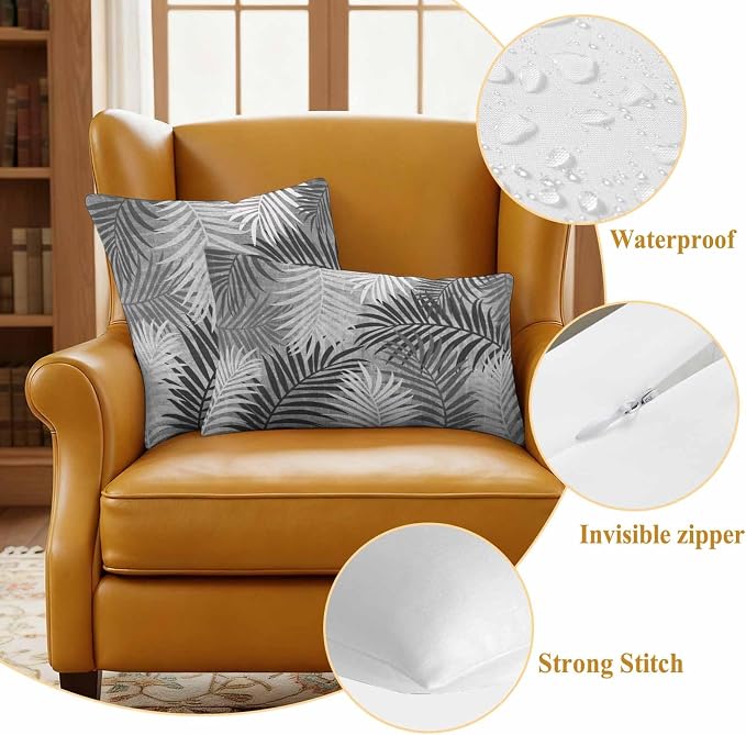 Gray Palm Leaves Waterproof Outdoor Pillow Covers Set of 2 Home Decor, Summer Tropical Leaf Plant Lumbar Pillowcase Patio Pillow Covers for Couch Bench Patio Furniture Garden 20x12in