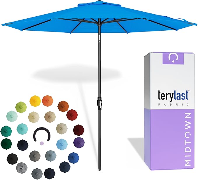 Midtown Umbrellas – The Swilt 10 Ft Patio Umbrellas with 360° Swivel & Tilt Mechanism, 8 Fiberglass Ribs & Terylast Polyester Fabric for Backyard, Deck, Pool & Cafes - Cobalt Canopy, Black Pole