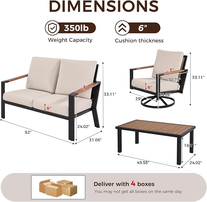 Natural Expression Patio Furniture Set, 4 Piece Metal Outdoor Conversation Set with 2 Swivel Rocker, 1 Loveseat, Handwoven Wicker Back & Fauxwood Tabletop, 3" Wide Arm with 6" Cushion for Porch, Yard