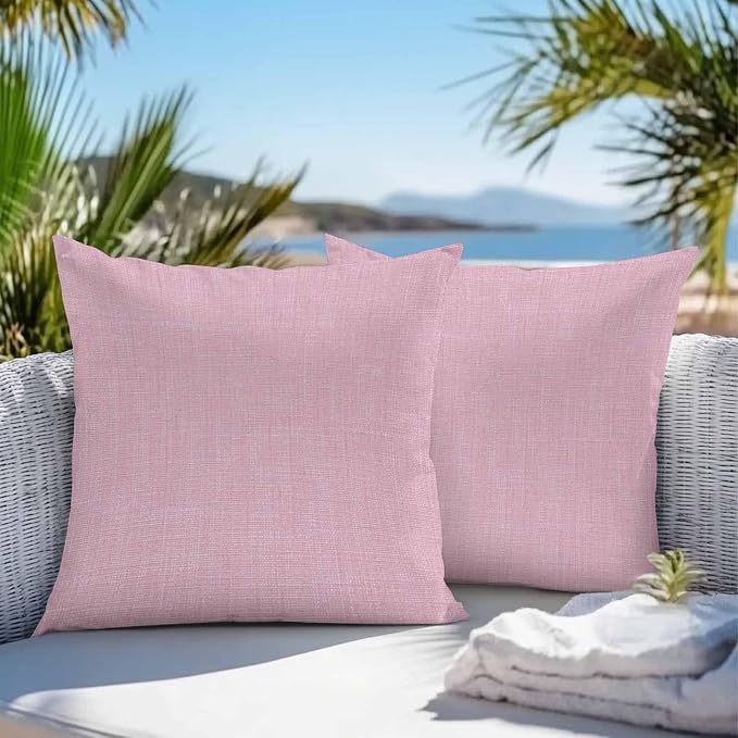 Pack of 2 Waterproof Outdoor Pillow Covers 16x16 Inch Decorative Pillow Covers Pink Burlap Texture Throw Pillowcases Farmhouse Vintage Pink Outdoor Cushion Cover for Couch, Patio, Tent